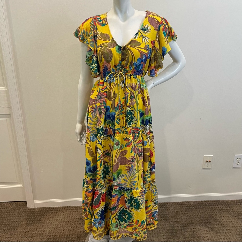 NWT ME 2 MAGIC Yellow Floral Flutter Sleeve Midi Dress